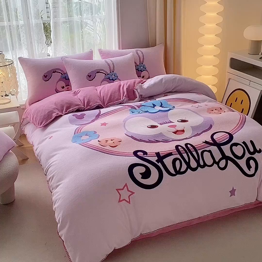 91家纺网 家纺一手货源 找家纺 一电 2025新款冬季双面牛奶珊瑚绒床上四件套法兰绒床品加绒被套床单三件套-第二批 可爱星黛露