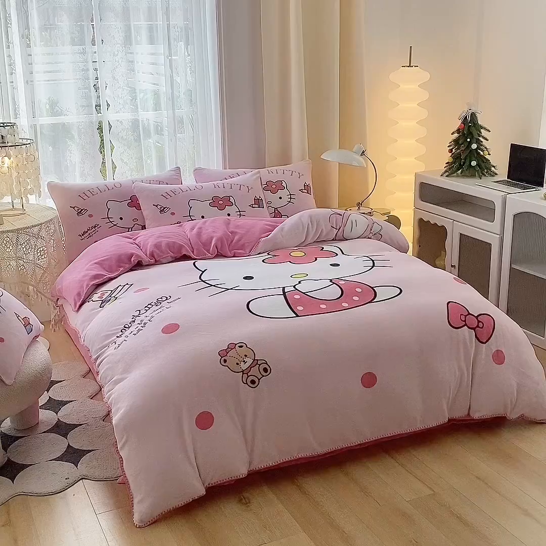 91家纺网 家纺一手货源 找家纺 一电 2025新款冬季双面牛奶珊瑚绒床上四件套法兰绒床品加绒被套床单三件套-第二批 萌萌KT