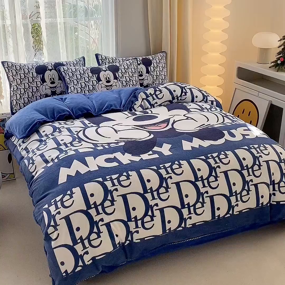 91家纺网 家纺一手货源 找家纺 一电 2025新款冬季双面牛奶珊瑚绒床上四件套法兰绒床品加绒被套床单三件套-第二批 米老鼠