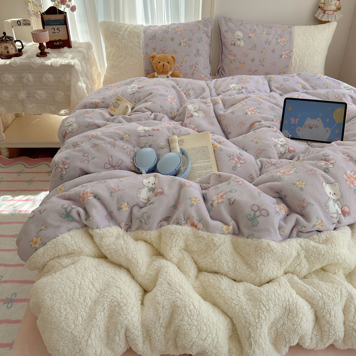 顾里家纺 2025新款ins韩风甜感羊羔拼接牛奶绒少女系四件套 碎花喵