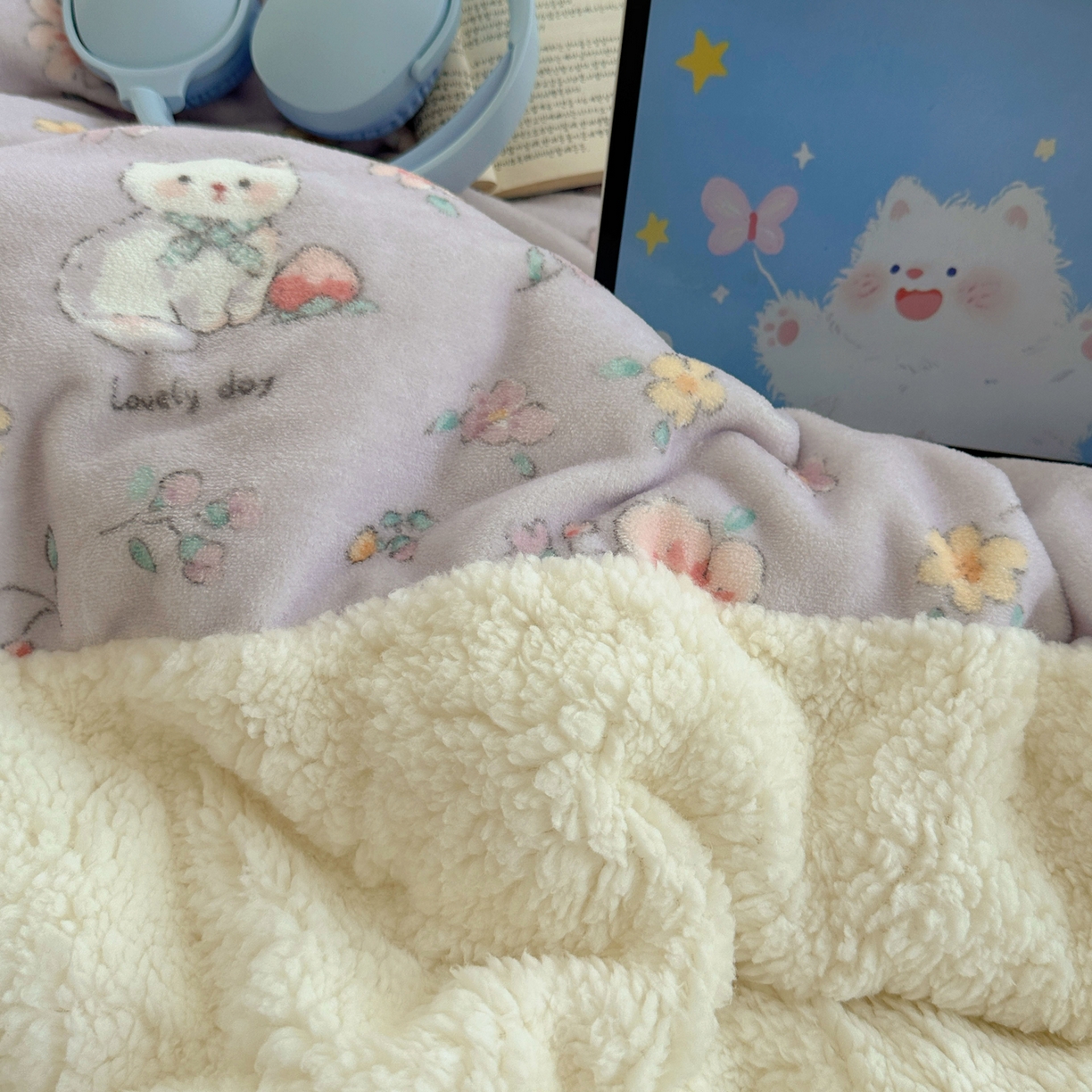 91家纺网 家纺一手货源 找家纺 顾里家纺 2025新款ins韩风甜感羊羔拼接牛奶绒少女系四件套 碎花喵