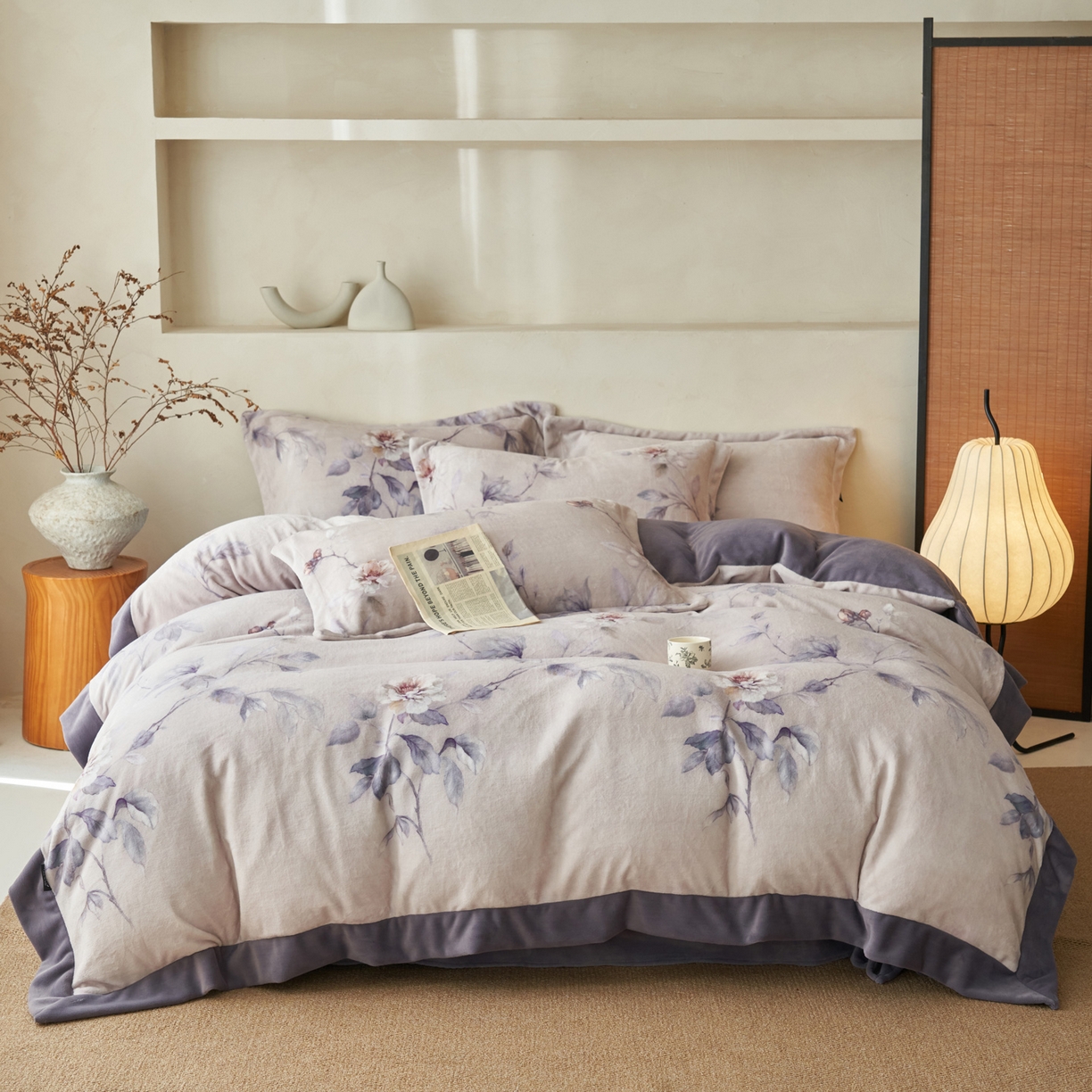 91家纺网 家纺一手货源 找家纺 寐绸家纺 2025秋冬新款230g棉麻风牛奶绒四件套 棉麻风四件套-紫光