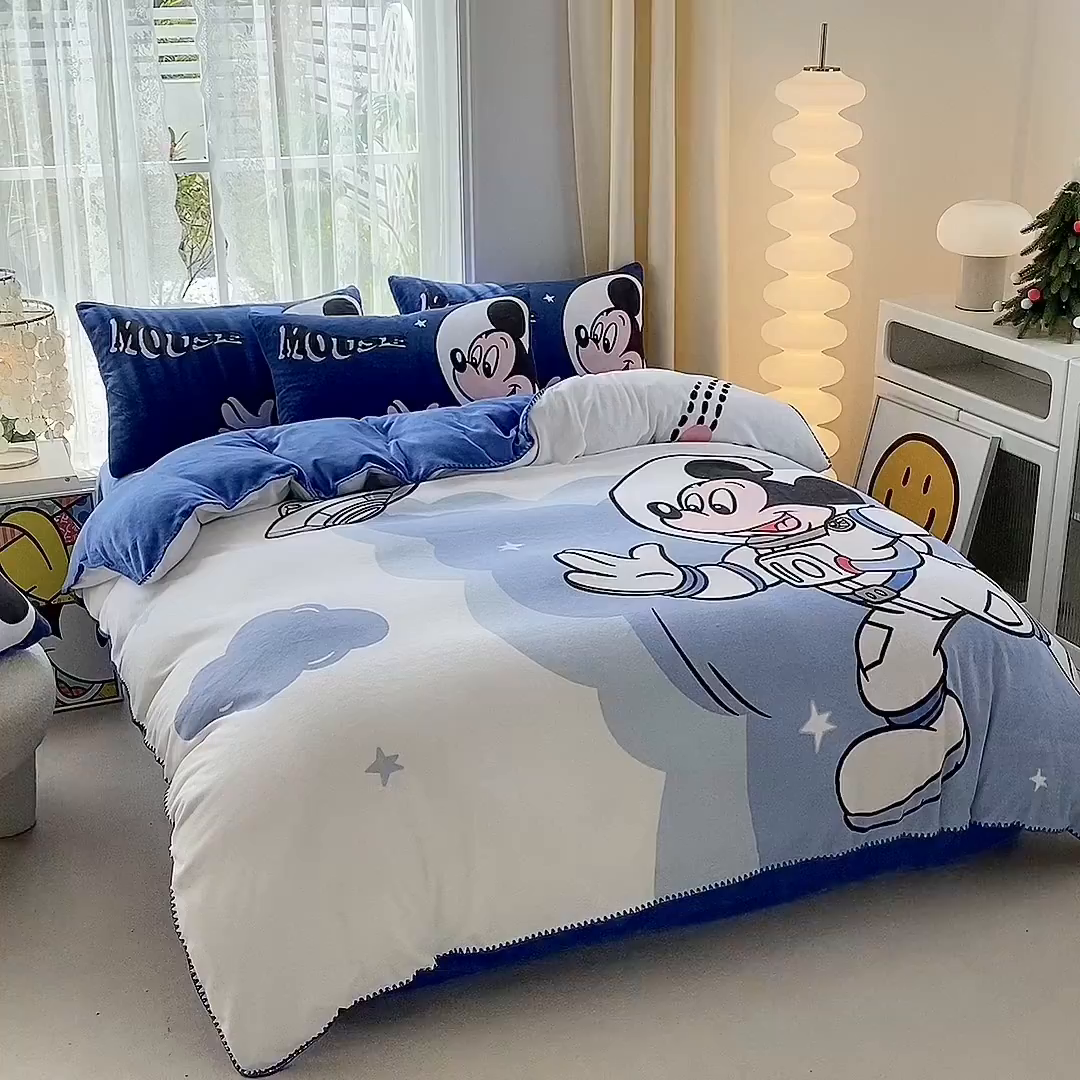 91家纺网 家纺一手货源 找家纺 一电 2025新款冬季双面牛奶珊瑚绒床上四件套法兰绒床品加绒被套床单三件套-第二批 太空米奇