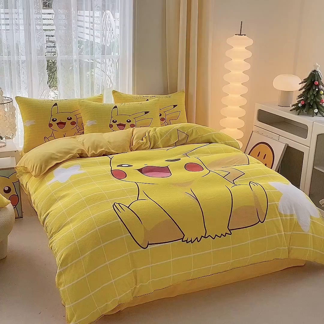 91家纺网 家纺一手货源 找家纺 一电 2025新款冬季双面牛奶珊瑚绒床上四件套法兰绒床品加绒被套床单三件套-第二批 网红皮卡丘