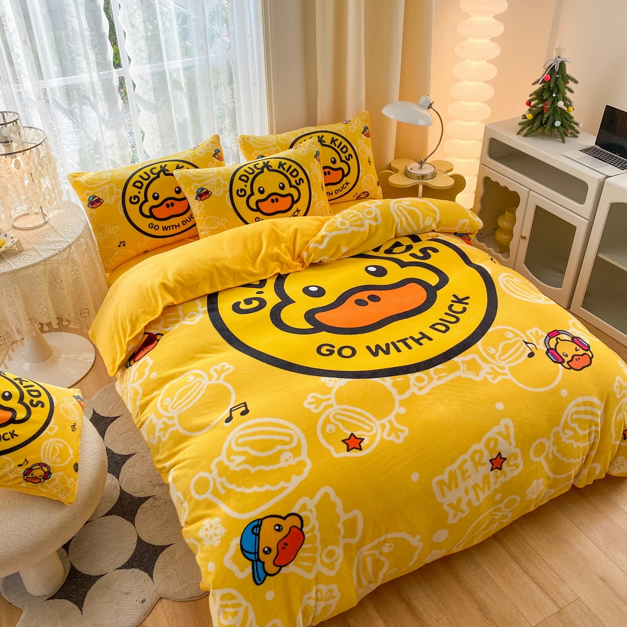 91家纺网 家纺一手货源 找家纺 一电 2025新款冬季双面牛奶珊瑚绒床上四件套法兰绒床品加绒被套床单三件套-第二批 黄小鸭