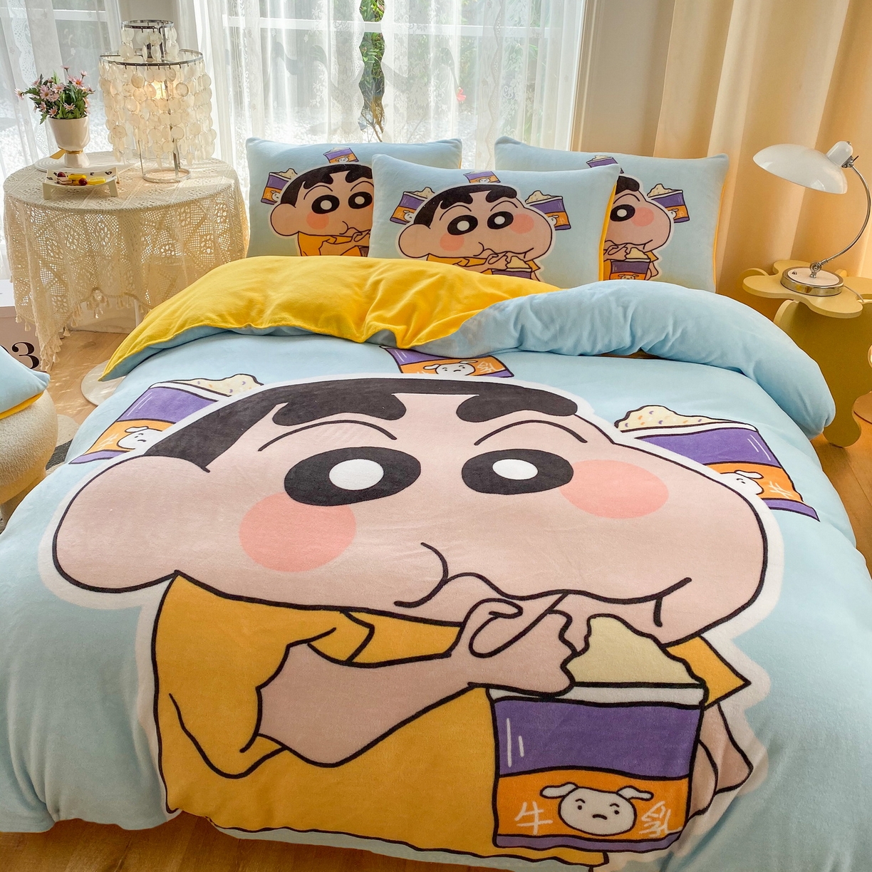 91家纺网 家纺一手货源 找家纺 一电 2025新款冬季双面牛奶珊瑚绒床上四件套法兰绒床品加绒被套床单三件套-第二批 奶茶小新