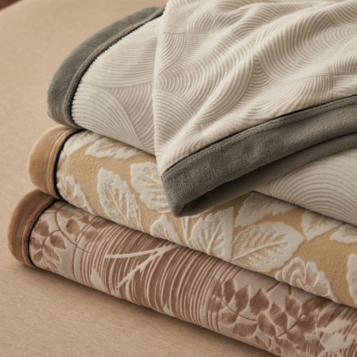 91家纺网 家纺一手货源 找家纺 寐绸家纺 2025新款230g牛奶绒染色雕花功能毛毯 组合图仅供展示