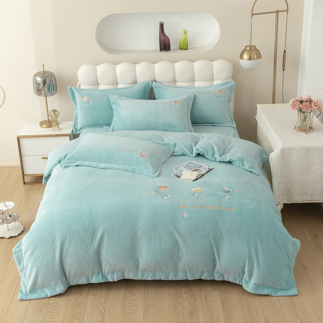 91家纺网 家纺一手货源 找家纺 （总）昊翔家纺 2025新款牛奶绒宽边刺绣四件套花蕊