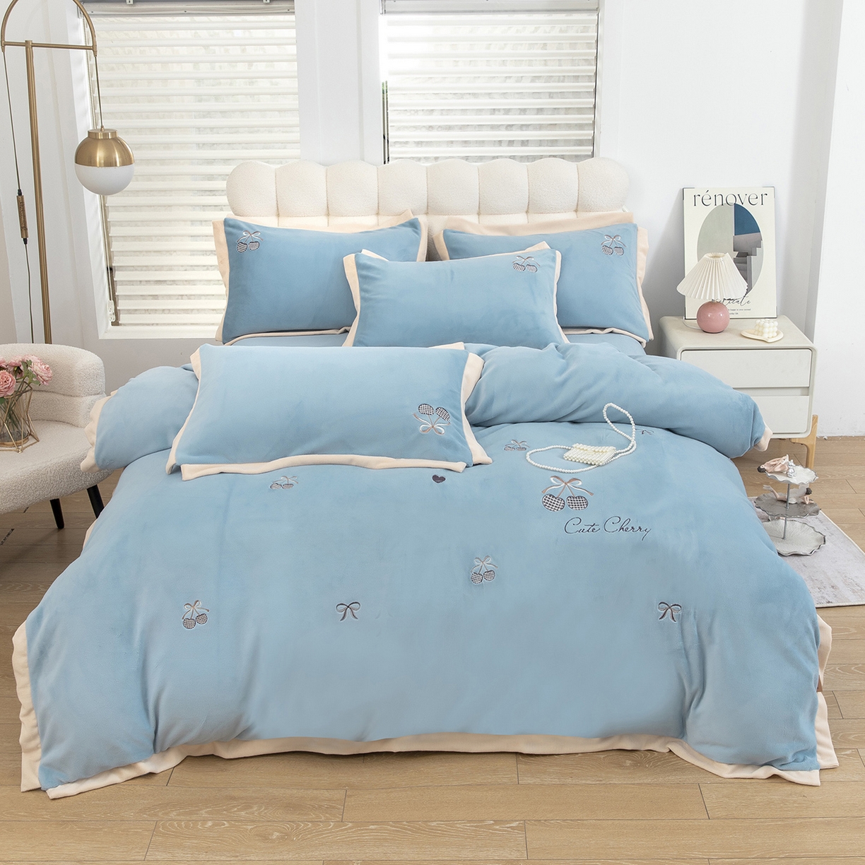 91家纺网 家纺一手货源 找家纺 （总）昊翔家纺 2025新款全消光蚕丝绒段角刺绣四件套甜蜜樱桃