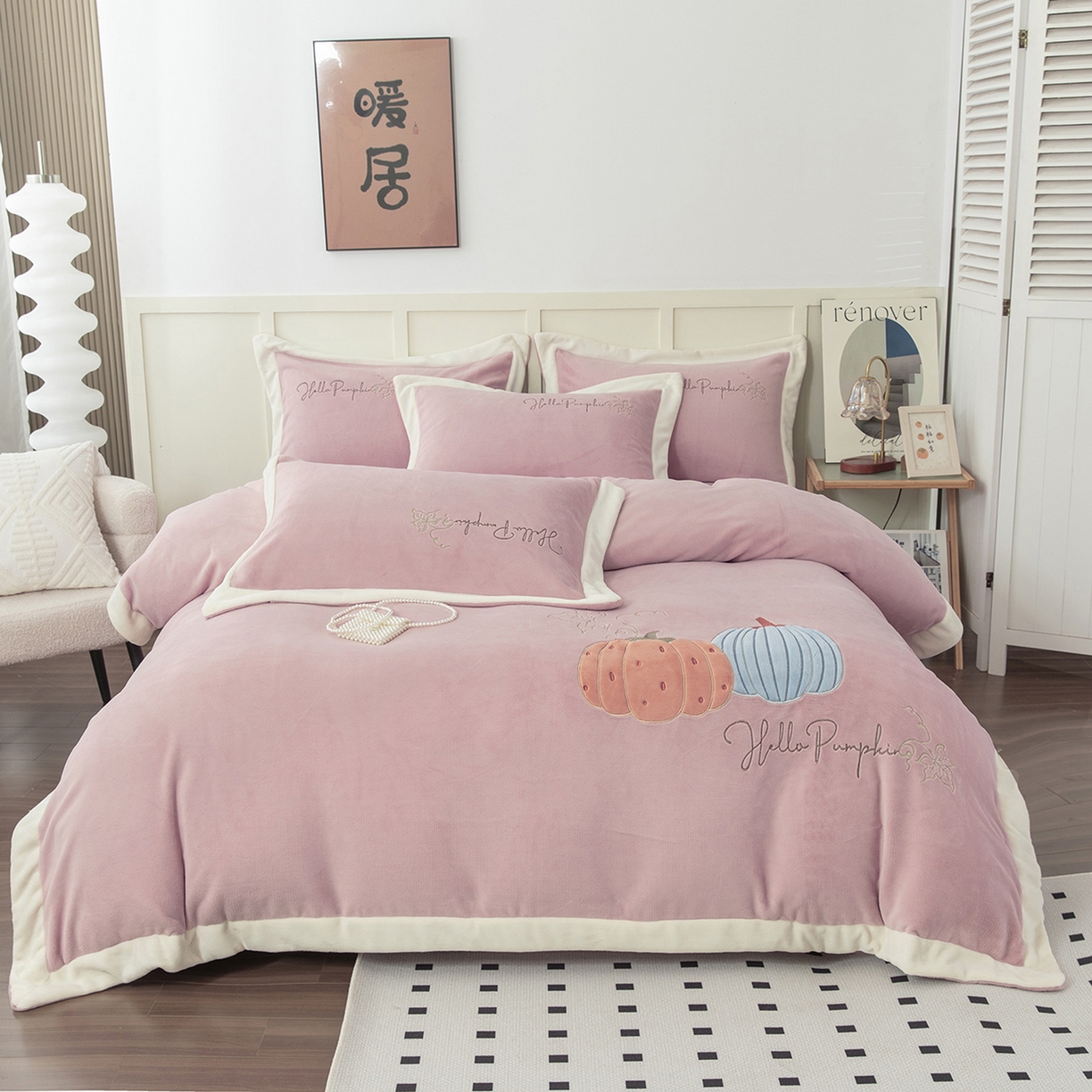 91家纺网 家纺一手货源 找家纺 （总）昊翔家纺 2025新款全消光拼角刺绣四件套南瓜派