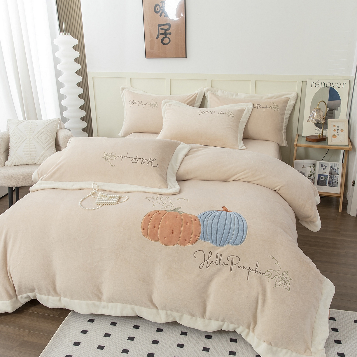 91家纺网 家纺一手货源 找家纺 （总）昊翔家纺 2025新款全消光拼角刺绣四件套南瓜派