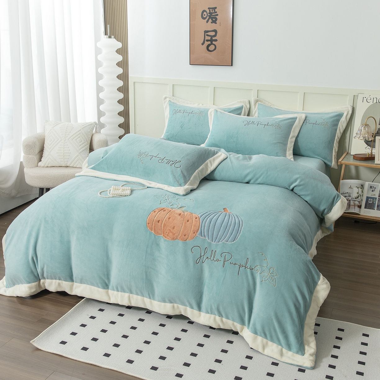 91家纺网 家纺一手货源 找家纺 （总）昊翔家纺 2025新款全消光拼角刺绣四件套南瓜派