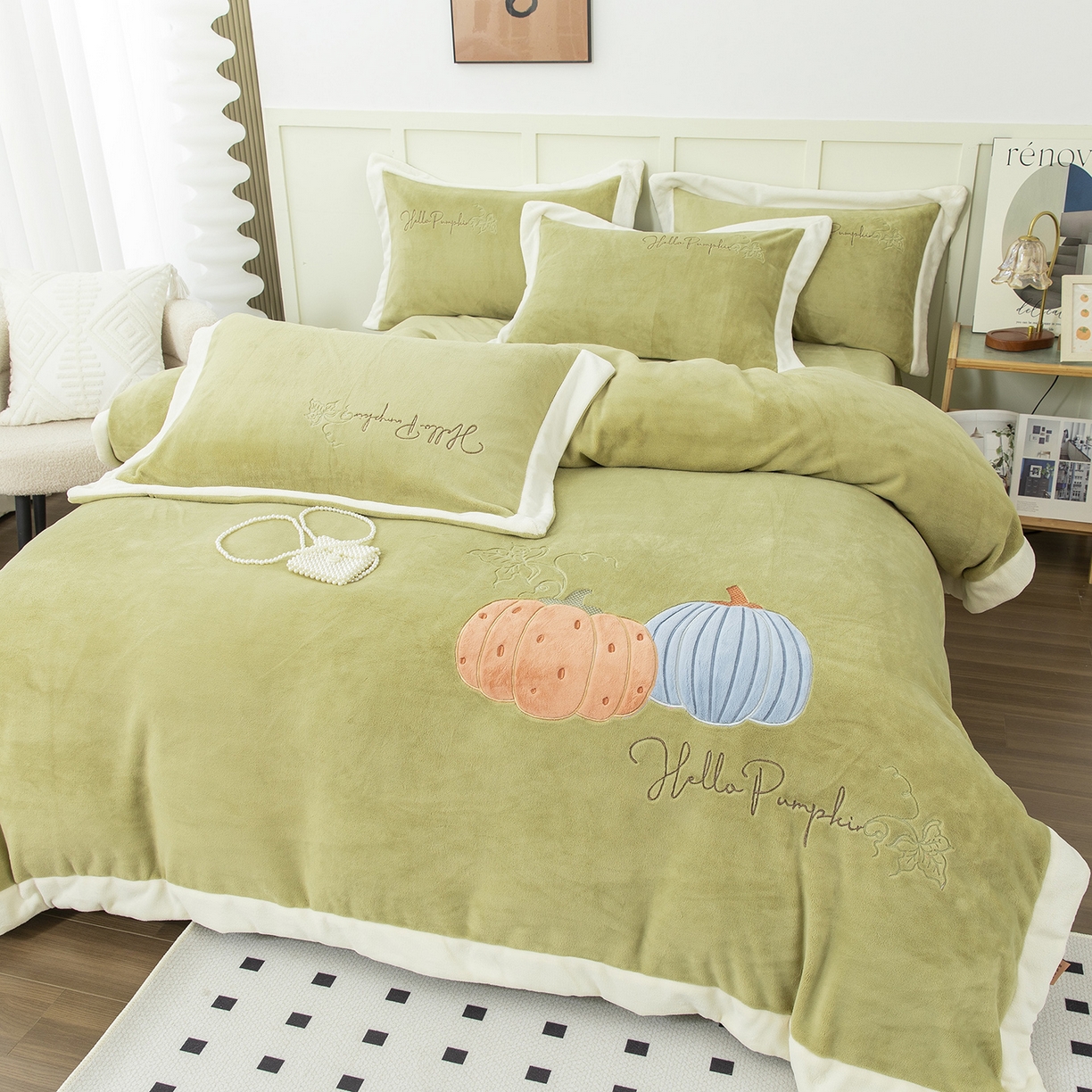 91家纺网 家纺一手货源 找家纺 （总）昊翔家纺 2025新款全消光拼角刺绣四件套南瓜派