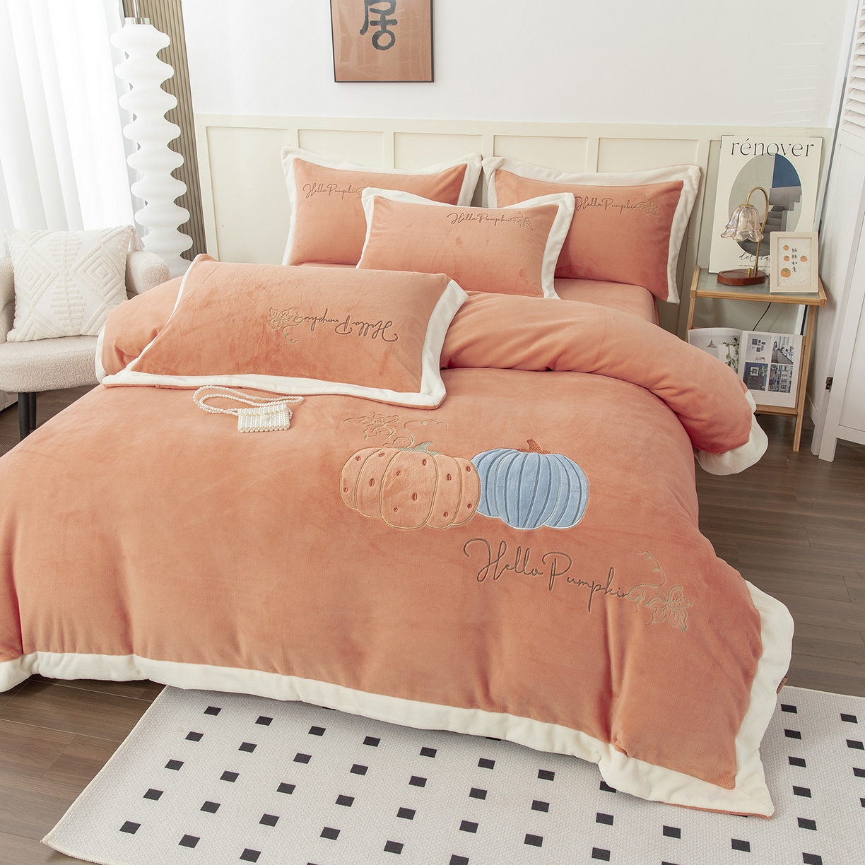 91家纺网 家纺一手货源 找家纺 （总）昊翔家纺 2025新款全消光拼角刺绣四件套南瓜派