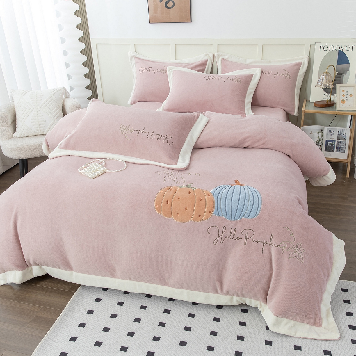 91家纺网 家纺一手货源 找家纺 （总）昊翔家纺 2025新款全消光拼角刺绣四件套南瓜派