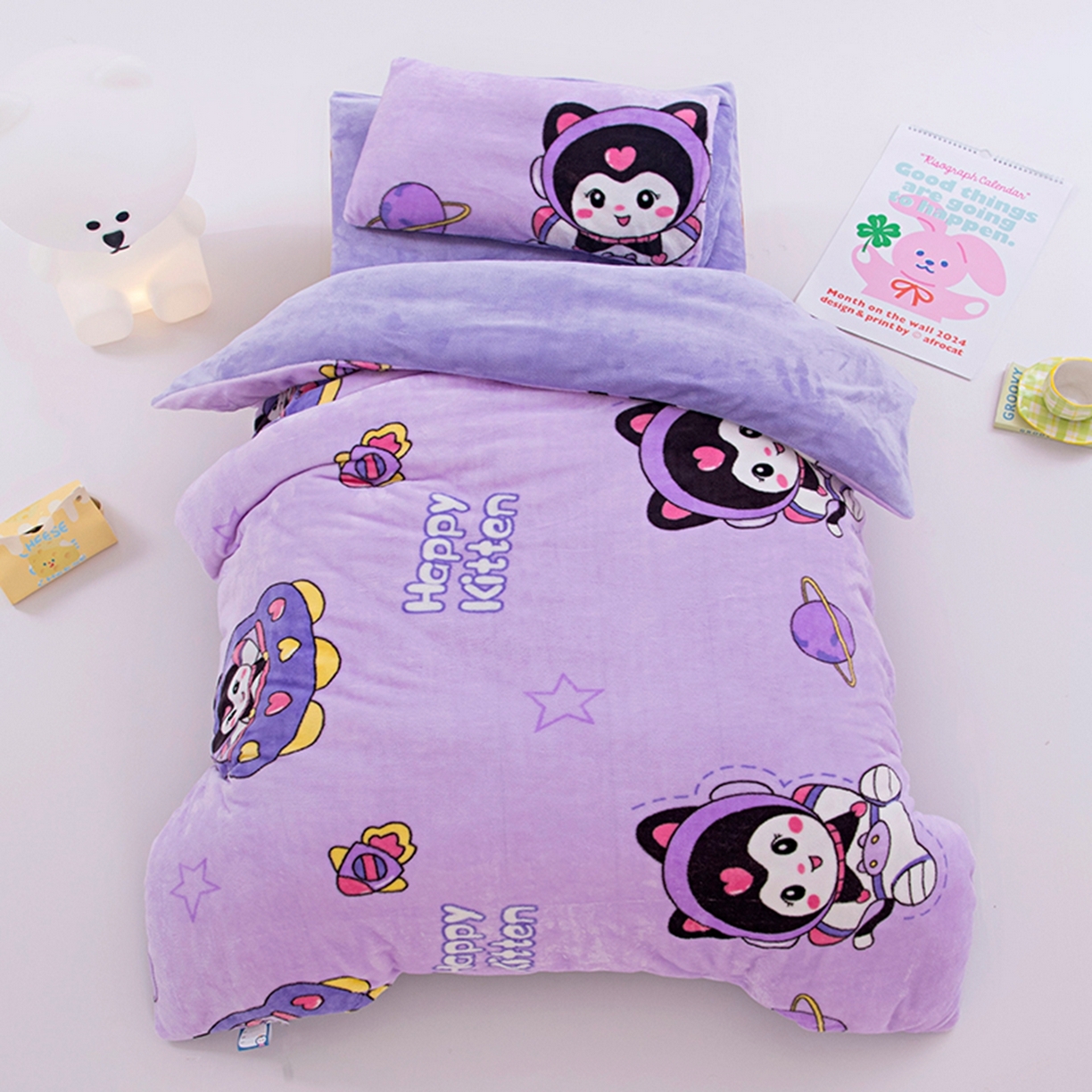萌宝家纺 2025新款加厚儿童牛奶绒被套幼儿园保暖三件套 紫色精灵