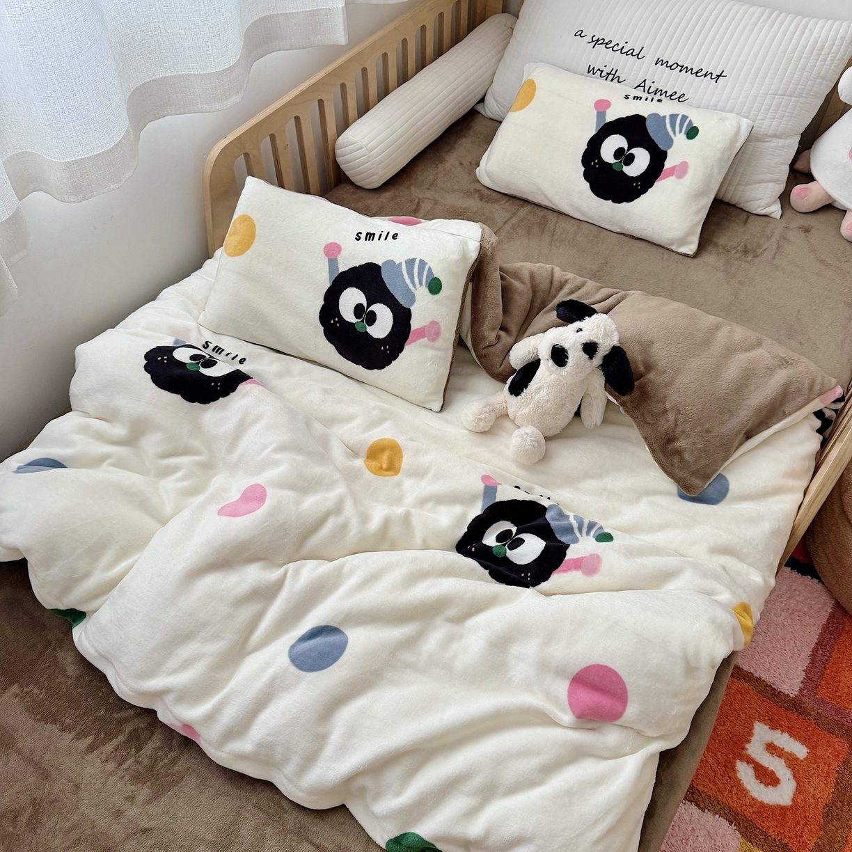 91家纺网 家纺一手货源 找家纺 萌宝家纺 2025新款加厚儿童牛奶绒被套幼儿园保暖三件套 没烦恼