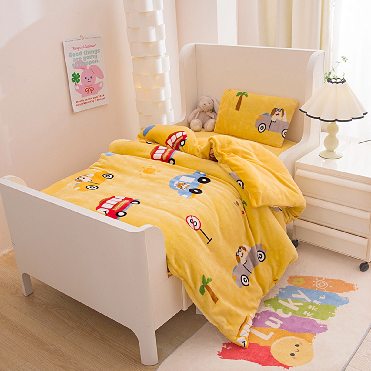 91家纺网 家纺一手货源 找家纺 萌宝家纺 2025新款加厚儿童牛奶绒被套幼儿园保暖三件套 汽车-黄