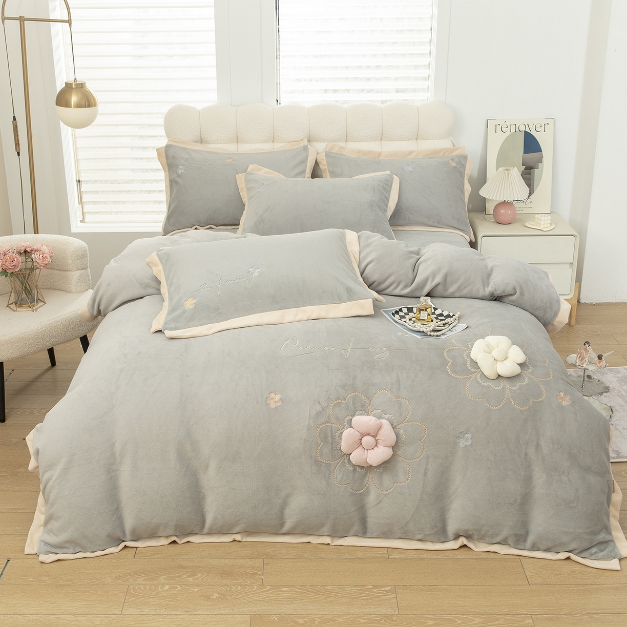 91家纺网 家纺一手货源 找家纺 （总）昊翔家纺 2025新款全消光蚕丝绒段角刺绣四件套花之语