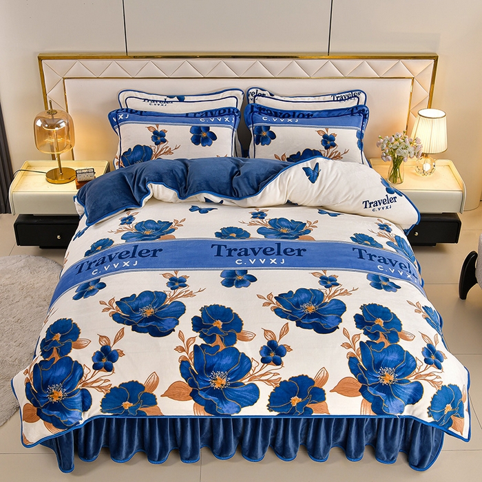 91家纺网 家纺一手货源 找家纺 妮恒美 2025新款牛奶绒印花床裙款四件套法莱绒四件套珊瑚金貂绒四件套 花开绽放