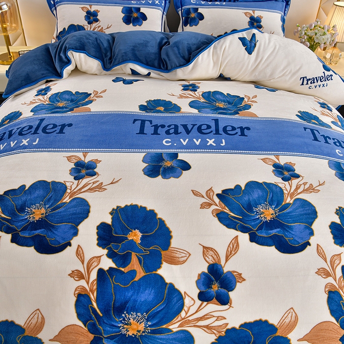 91家纺网 家纺一手货源 找家纺 妮恒美 2025新款牛奶绒印花床裙款四件套法莱绒四件套珊瑚金貂绒四件套 花开绽放