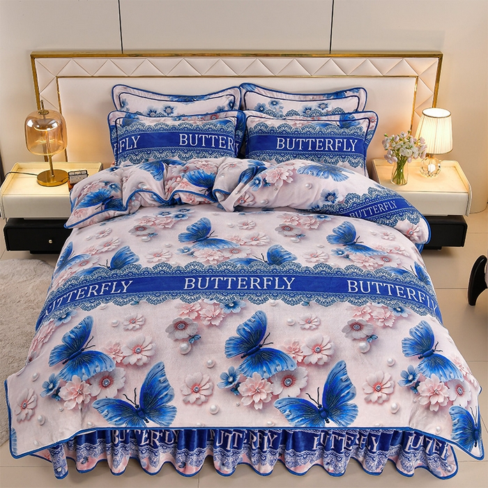 91家纺网 家纺一手货源 找家纺 妮恒美 2025新款牛奶绒印花床裙款四件套法莱绒四件套珊瑚金貂绒四件套 翩翩起舞