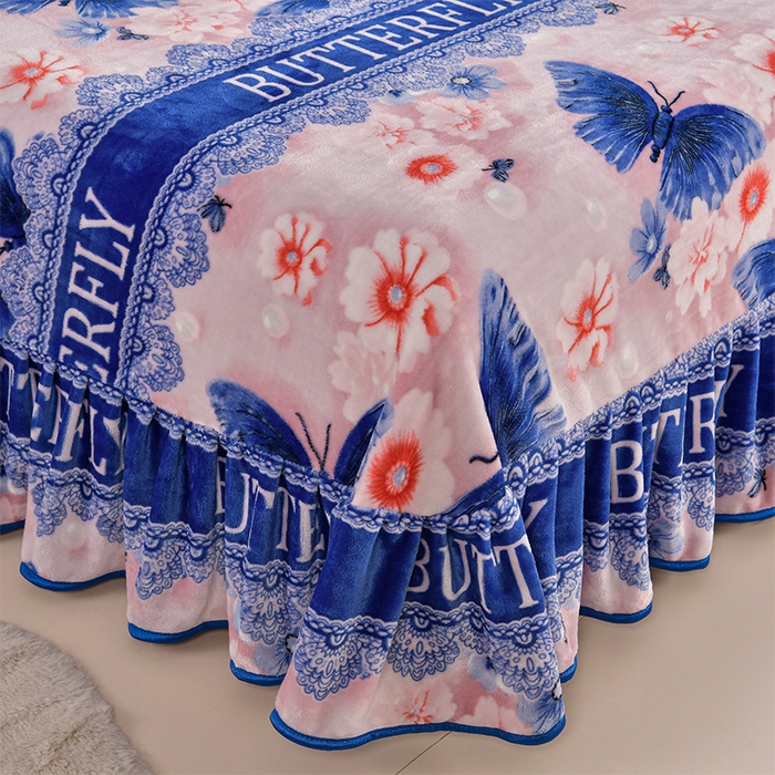 91家纺网 家纺一手货源 找家纺 妮恒美 2025新款牛奶绒印花床裙款四件套法莱绒四件套珊瑚金貂绒四件套 翩翩起舞