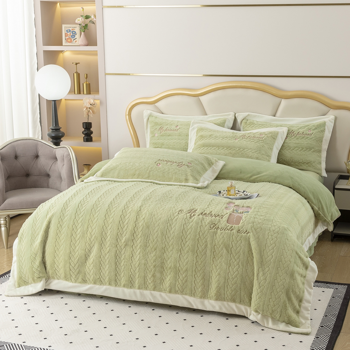 91家纺网 家纺一手货源 找家纺 （总）昊翔家纺 2025新款兔毛绒拼角刺绣四件套花时光