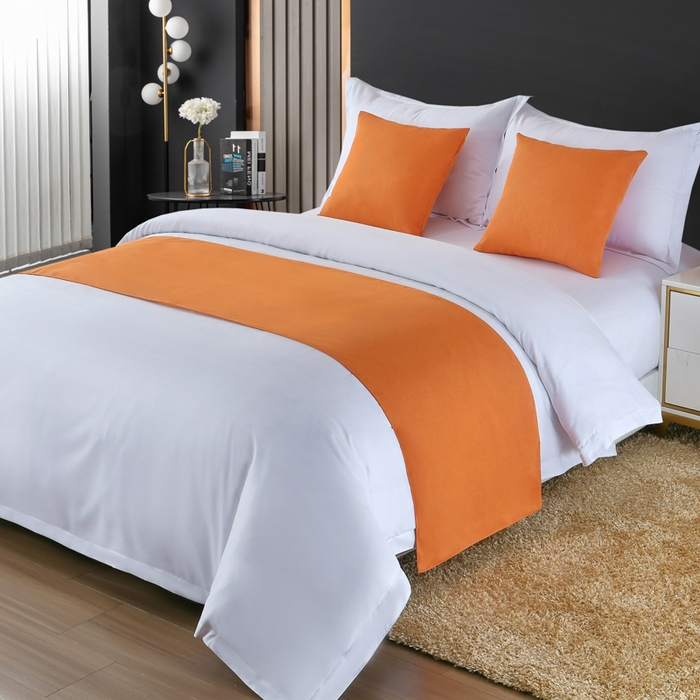 91家纺网 家纺一手货源 找家纺 万花酒店布草 2025新款纯色双拼织带床尾巾 纯色橙