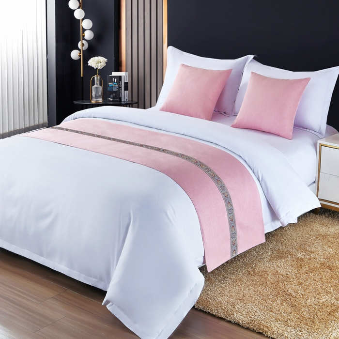 91家纺网 家纺一手货源 找家纺 （总）万花酒店布草 2025新款纯色双拼织带床尾巾