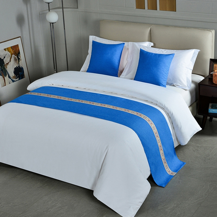 万花酒店布草 2025新款纯色双拼织带床尾巾 织带藏蓝