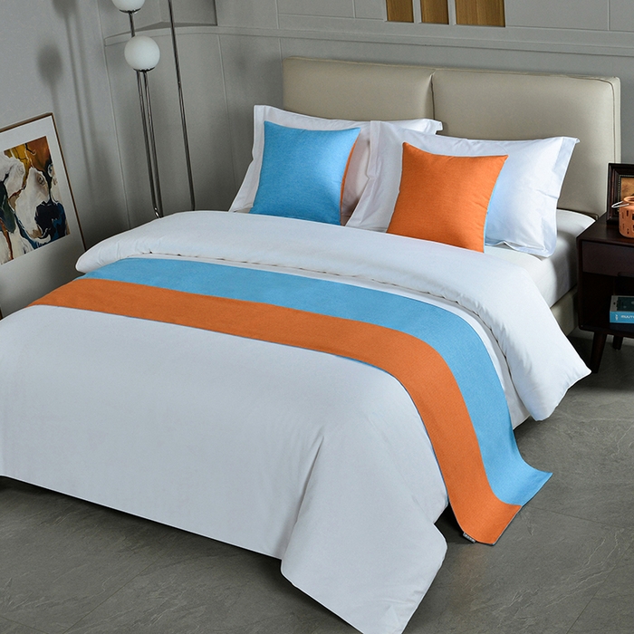 万花酒店布草 2025新款纯色双拼织带床尾巾 双拼湖蓝+橙