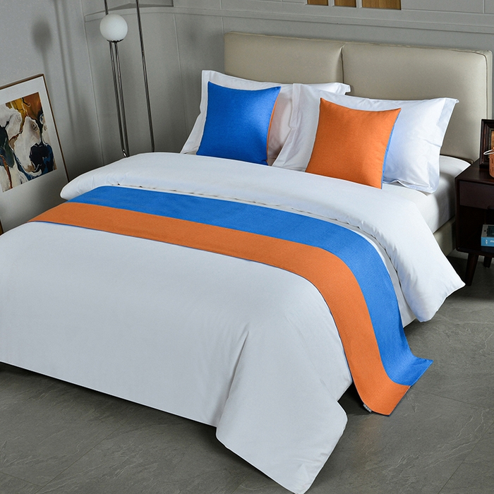 91家纺网 家纺一手货源 找家纺 万花酒店布草 2025新款纯色双拼织带床尾巾 双拼藏蓝+橙,双拼藏蓝+橙