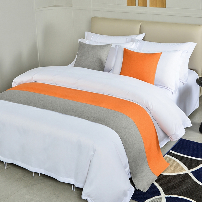 万花酒店布草 2025新款纯色双拼织带床尾巾 双拼橙+灰