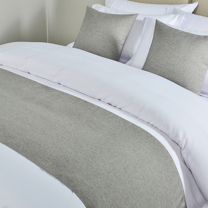 91家纺网 家纺一手货源 找家纺 万花酒店布草 2025新款纯色双拼织带床尾巾 纯色灰