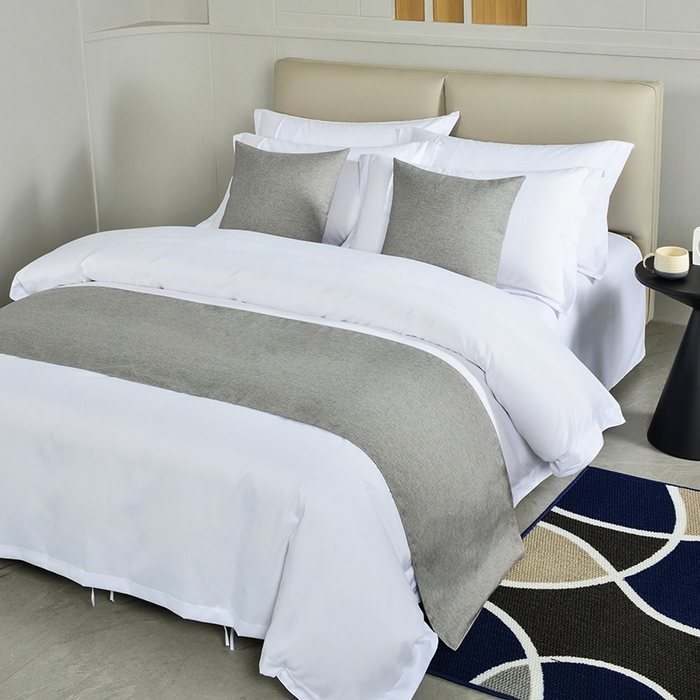 万花酒店布草 2025新款纯色双拼织带床尾巾 纯色灰