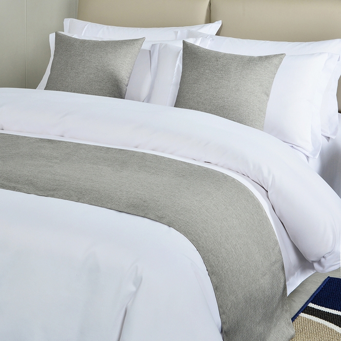 91家纺网 家纺一手货源 找家纺 万花酒店布草 2025新款纯色双拼织带床尾巾 纯色灰