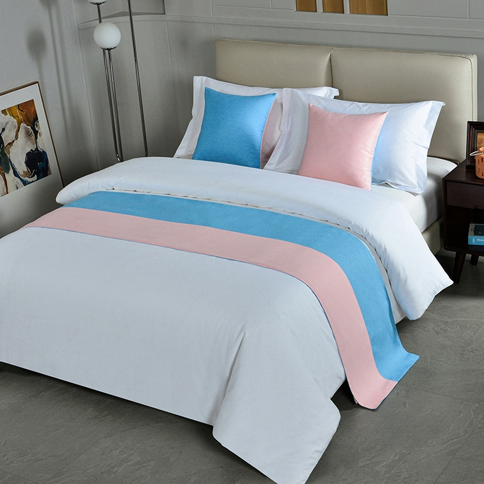 万花酒店布草 2025新款纯色双拼织带床尾巾 双拼湖蓝+粉