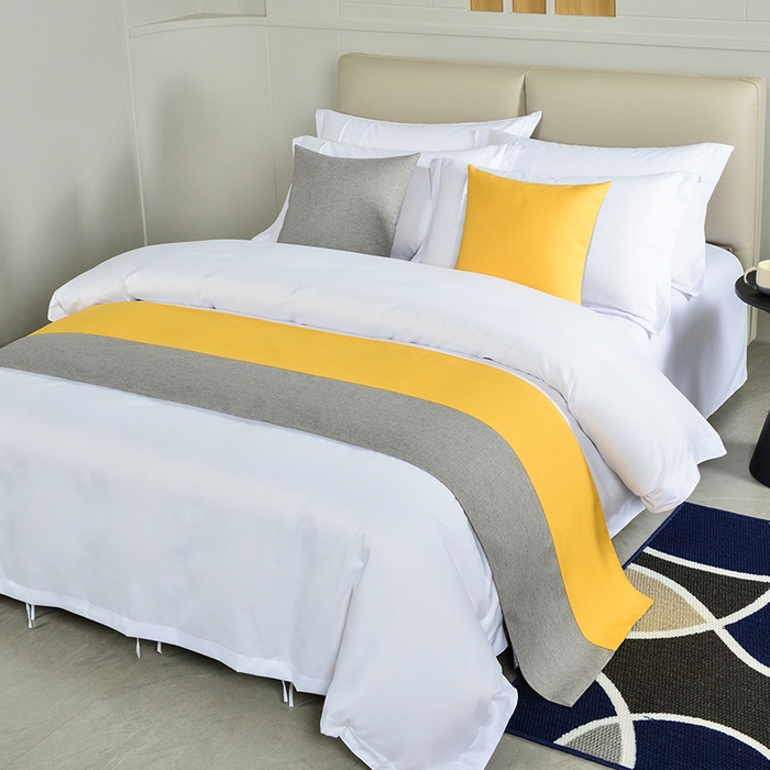 万花酒店布草 2025新款纯色双拼织带床尾巾 双拼黄+灰