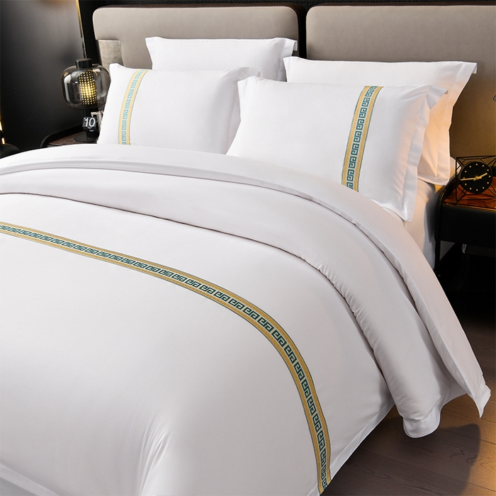 91家纺网 家纺一手货源 找家纺 万花酒店布草 2025新款酒店民宿专用四件套 绿色彩条普通款