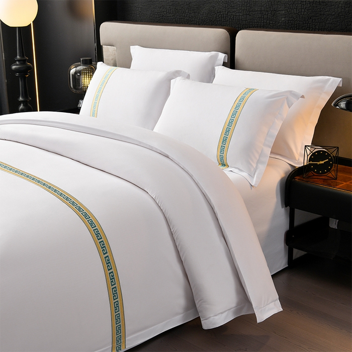 91家纺网 家纺一手货源 找家纺 万花酒店布草 2025新款酒店民宿专用四件套 绿色彩条加厚款