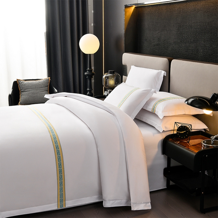 91家纺网 家纺一手货源 找家纺 万花酒店布草 2025新款酒店民宿专用四件套 绿色彩条普通款