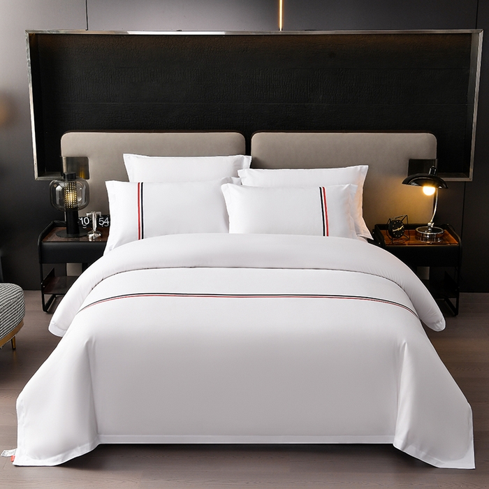 万花酒店布草 2025新款酒店民宿专用四件套 红蓝彩条普通款