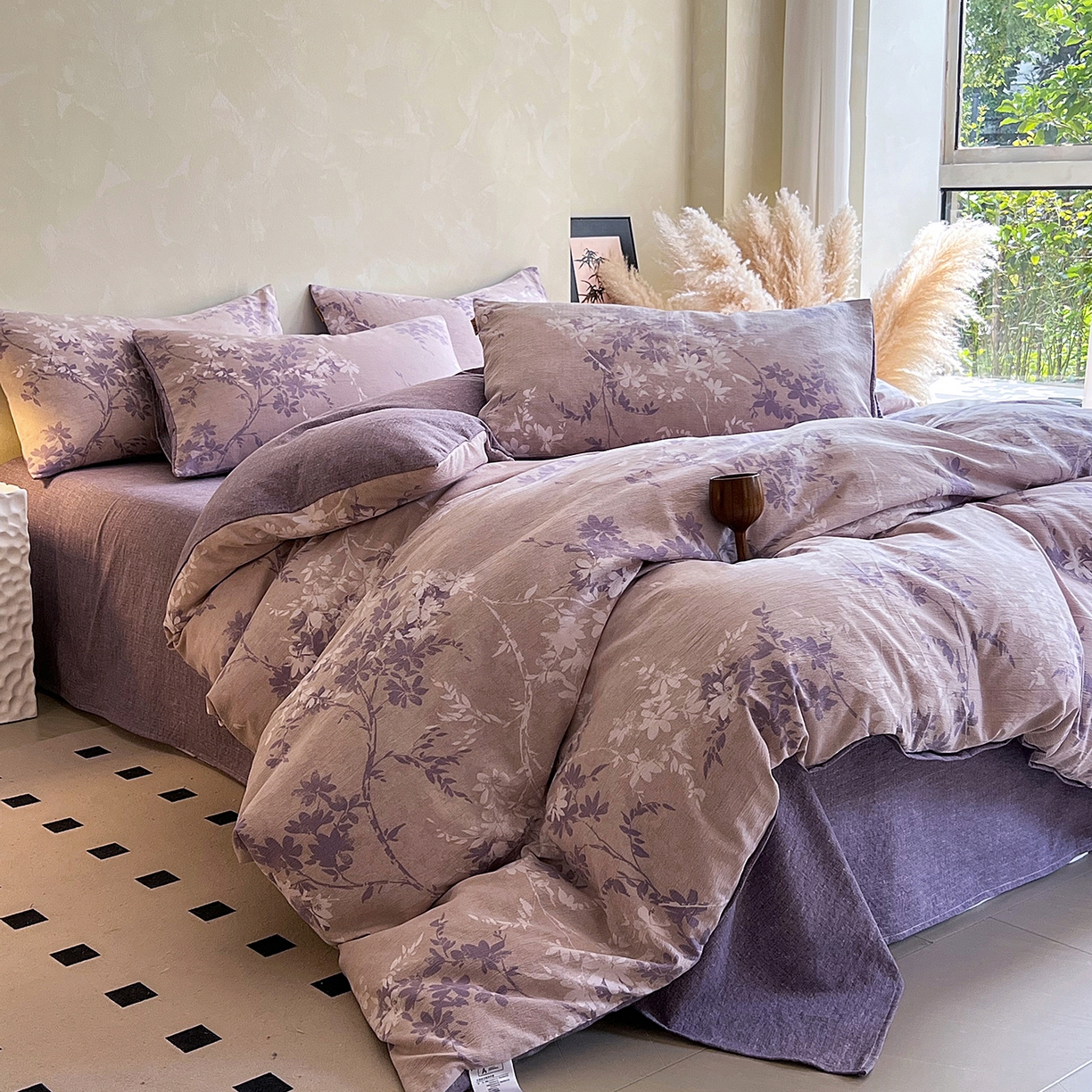 91家纺网 家纺一手货源 找家纺 灿哈家纺 2025新款复古风仿麻四件套 花影