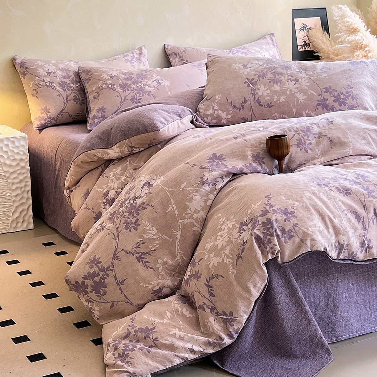 91家纺网 家纺一手货源 找家纺 灿哈家纺 2025新款复古风仿麻四件套 花影