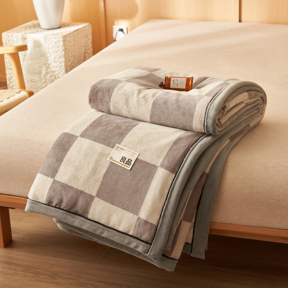 91家纺网 家纺一手货源 找家纺 寐绸家纺 2025新款230g无印风牛奶绒功能毯 灰白格