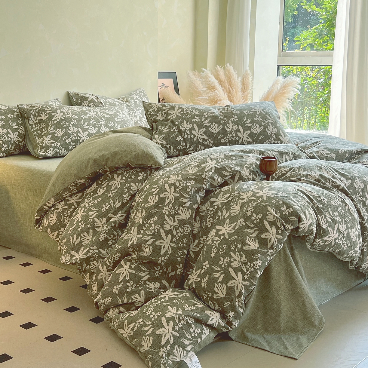 91家纺网 家纺一手货源 找家纺 灿哈家纺 2025新款复古风仿麻四件套 绿茵