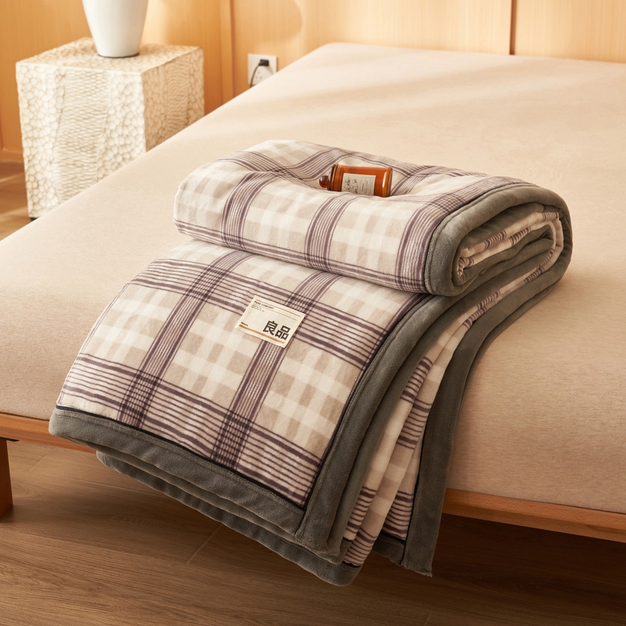 91家纺网 家纺一手货源 找家纺 寐绸家纺 2025新款230g无印风牛奶绒功能毯 洛卡灰格