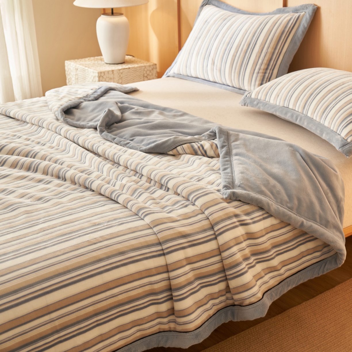 91家纺网 家纺一手货源 找家纺 寐绸家纺 2025新款230g无印风牛奶绒功能毯 浅蓝竖条