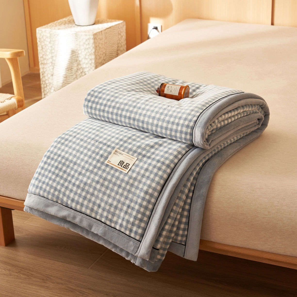 91家纺网 家纺一手货源 找家纺 寐绸家纺 2025新款230g无印风牛奶绒功能毯 天蓝小格